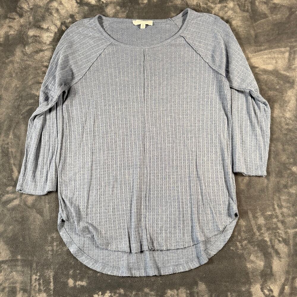 New Directions Blue Ribbed High Low Tunic Top Long Sleeve Medium